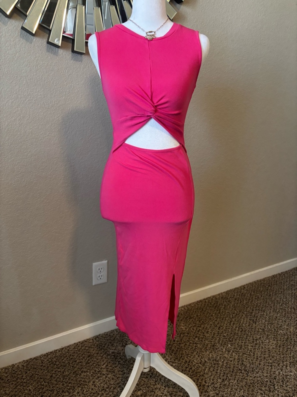 Sleeveless Twist-Cut Midi Dress in Hot Pink
